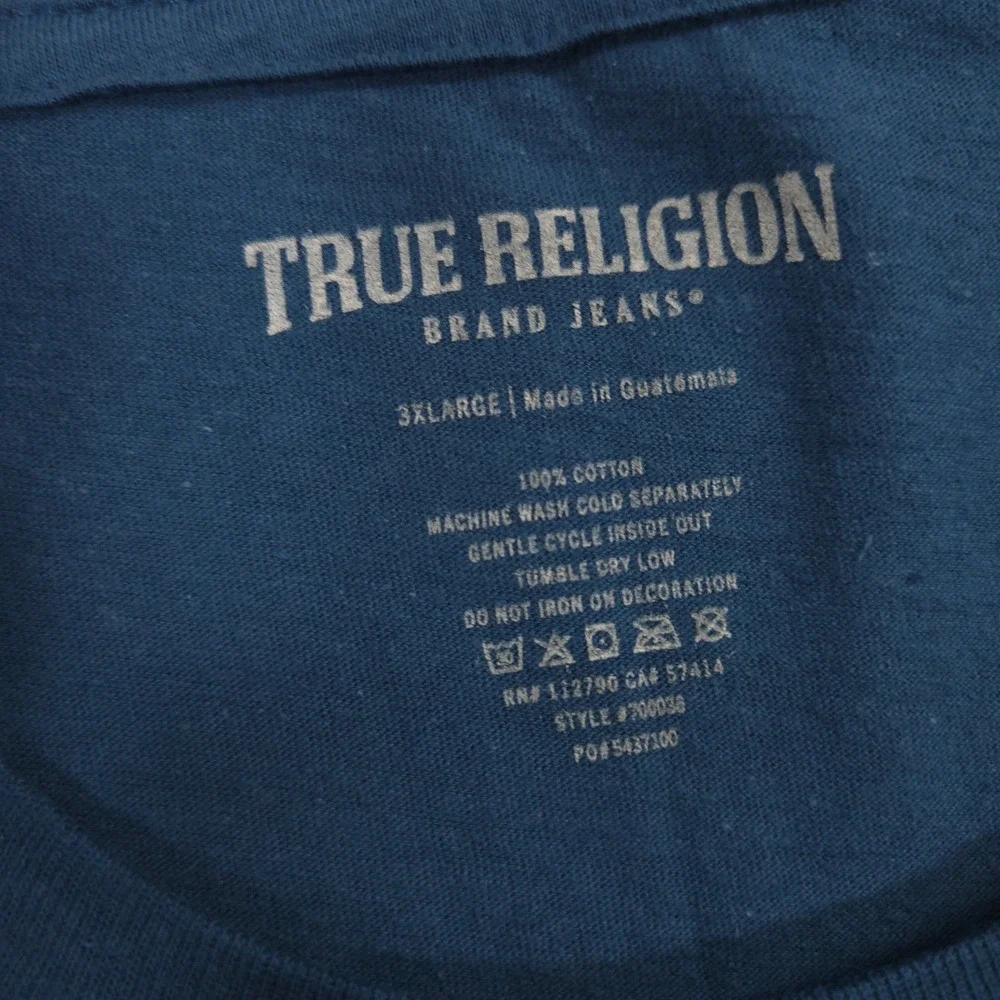 True Religion T Shirt Mens 3XL Majolica Blue Bench Graphic Short Sleeve Crew NEW